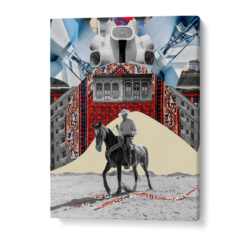 Surreal art print featuring a horseman, blending equestrian themes with modern elements in vibrant colors.