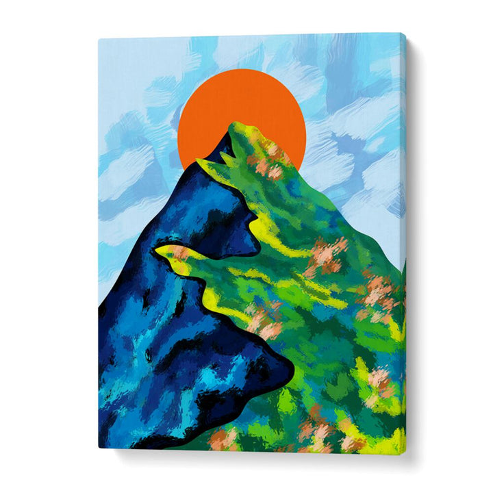 Vibrant BRIGHT HORIZON, LANDSCAPE PAINTINGS featuring colorful mountains and a bold sun, perfect for home decor.