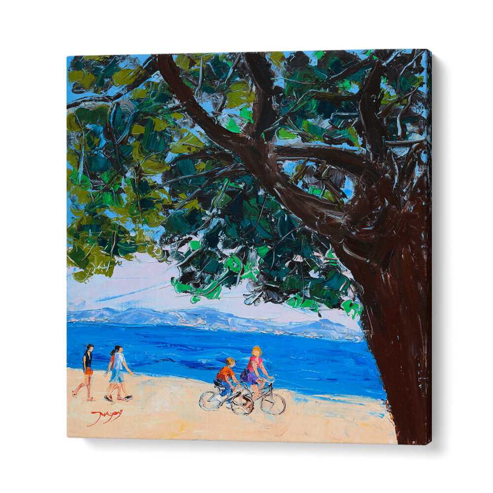 Vibrant ON VACATION, BEACH PAINTINGS capturing a sunny beach scene with families enjoying a day by the sea.