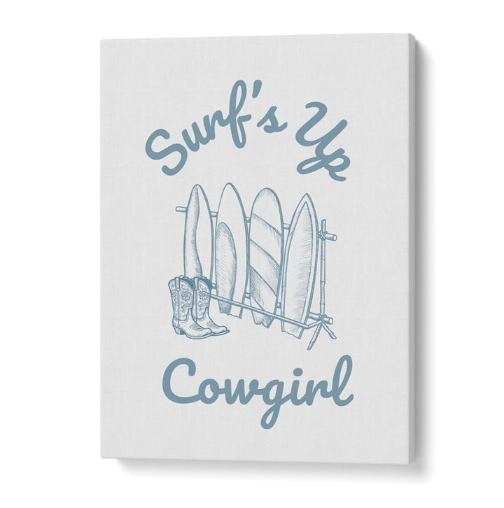 Stylish SURFS UP COWGIRL, BEACH PAINTINGS featuring surfboards and cowboy boots, perfect for ocean lovers.