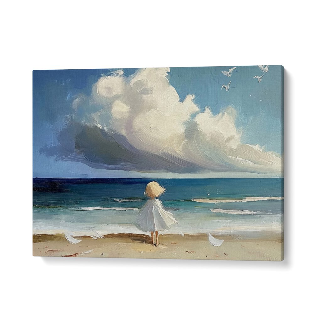 Enchanting LITTLE GIRL ON THE BEACH artwork capturing childhood joy, perfect for adding whimsy to your decor.