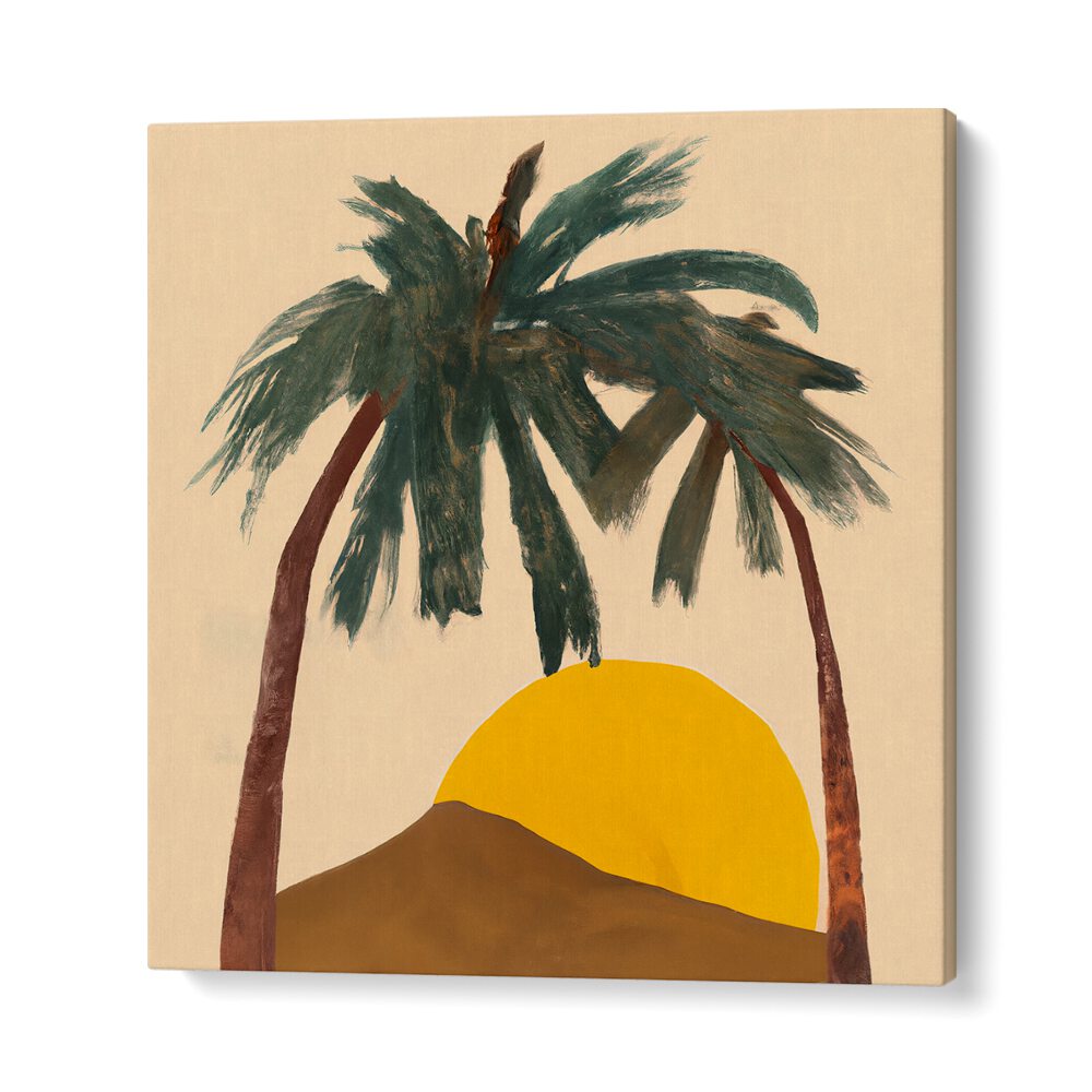 ARCHY PALMS, BEACH PAINTINGS feature two palm trees with a golden sun setting behind a hill, evoking coastal tranquility.
