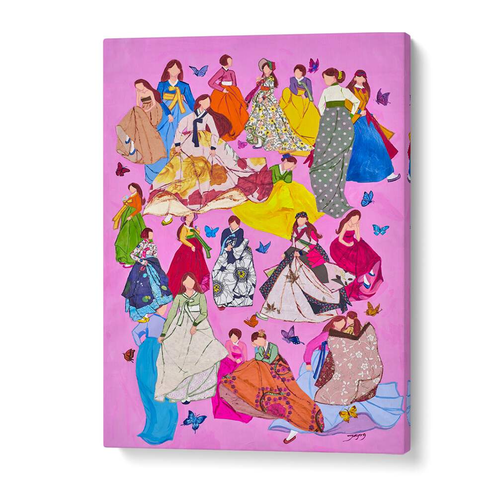 Colorful fashion poster featuring a woman in dresses, showcasing diverse styles and designs, perfect for home decor.