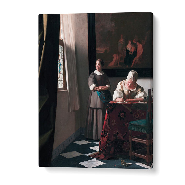 LADY WRITING A LETTER WITH HER MAID (CA. 1670–1671)  BY JOHANNES VERMEER, VINTAGE PAINTINGS