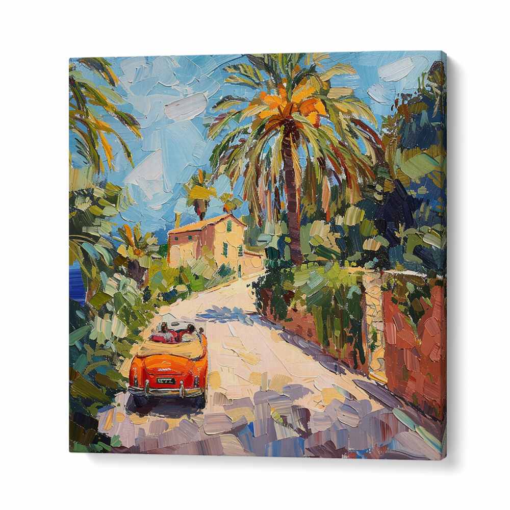 Vibrant artwork of CAR ON THE ROAD II, featuring a classic car amidst lush palms and a scenic road. Perfect for enthusiasts!