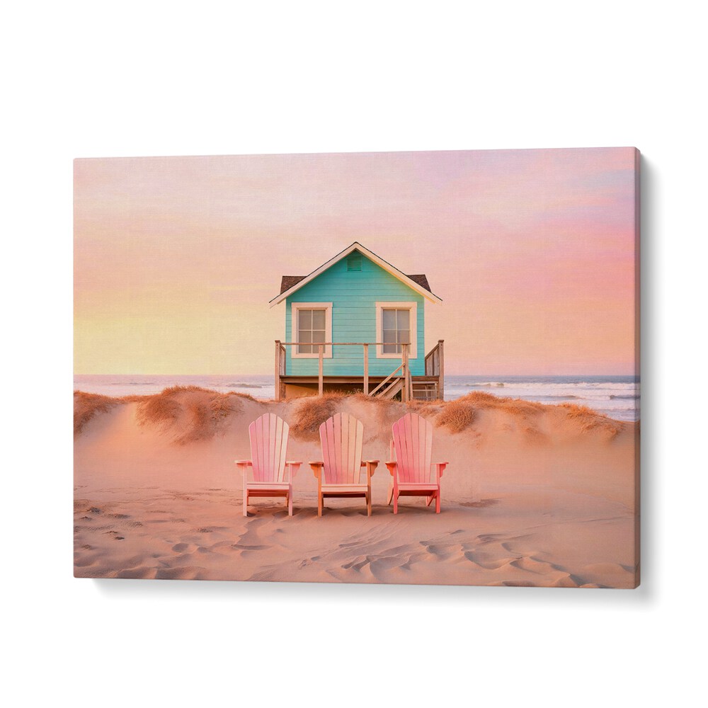 Serene PASTEL BEACH scene with a colorful house and pink chairs, perfect for your BEACH PAINTINGS collection.