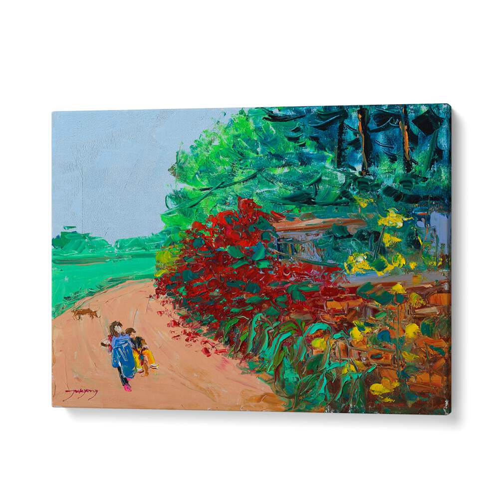 Vibrant scene of children walking along a path adorned with wild roses, featured in WILD ROSE WALL PATH, LANDSCAPE PAINTINGS.