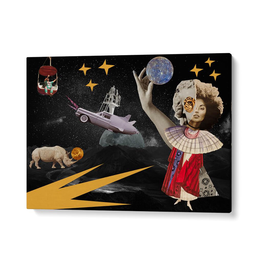 LUNA, SURREAL ART PRINTS features a striking collage of cosmic elements and whimsical imagery, perfect for any wall.