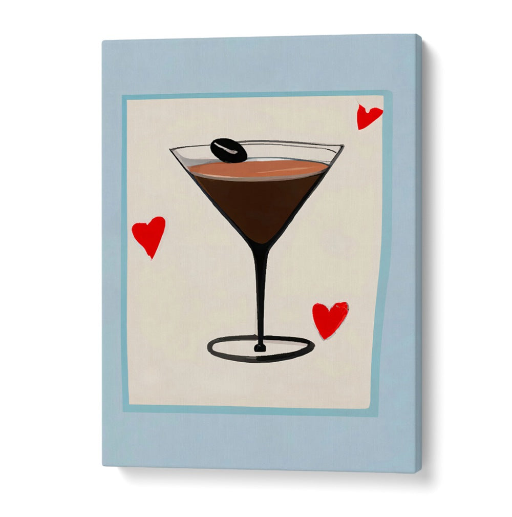 ESPRESSO MARTINI BABY , BAR artwork featuring a stylized martini glass with coffee bean and red hearts on blue background