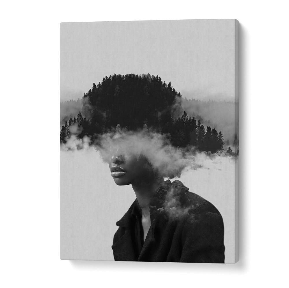 Surreal art print "FOGGY THOUGHTS" depicts a serene blend of nature and introspection, perfect for any space.