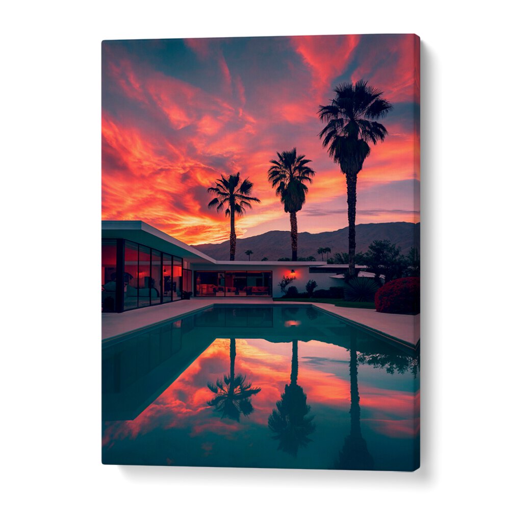 FALLING OF THE NIGHT, BEACH PAINTINGS showcase vibrant twilight hues reflected in a serene pool setting.