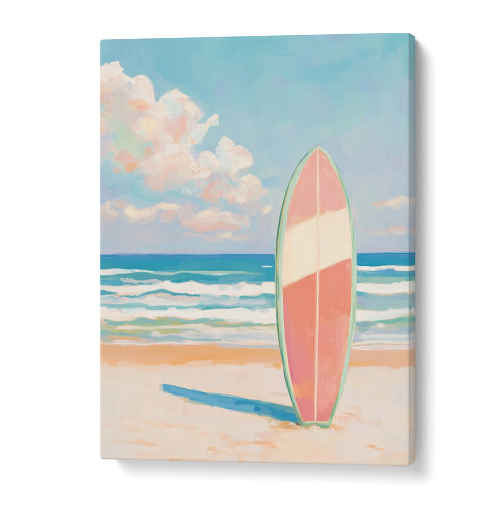 Colorful SEA BEACH SURFBOARD stands on the shore, capturing the essence of BEACH PAINTINGS for your coastal decor.