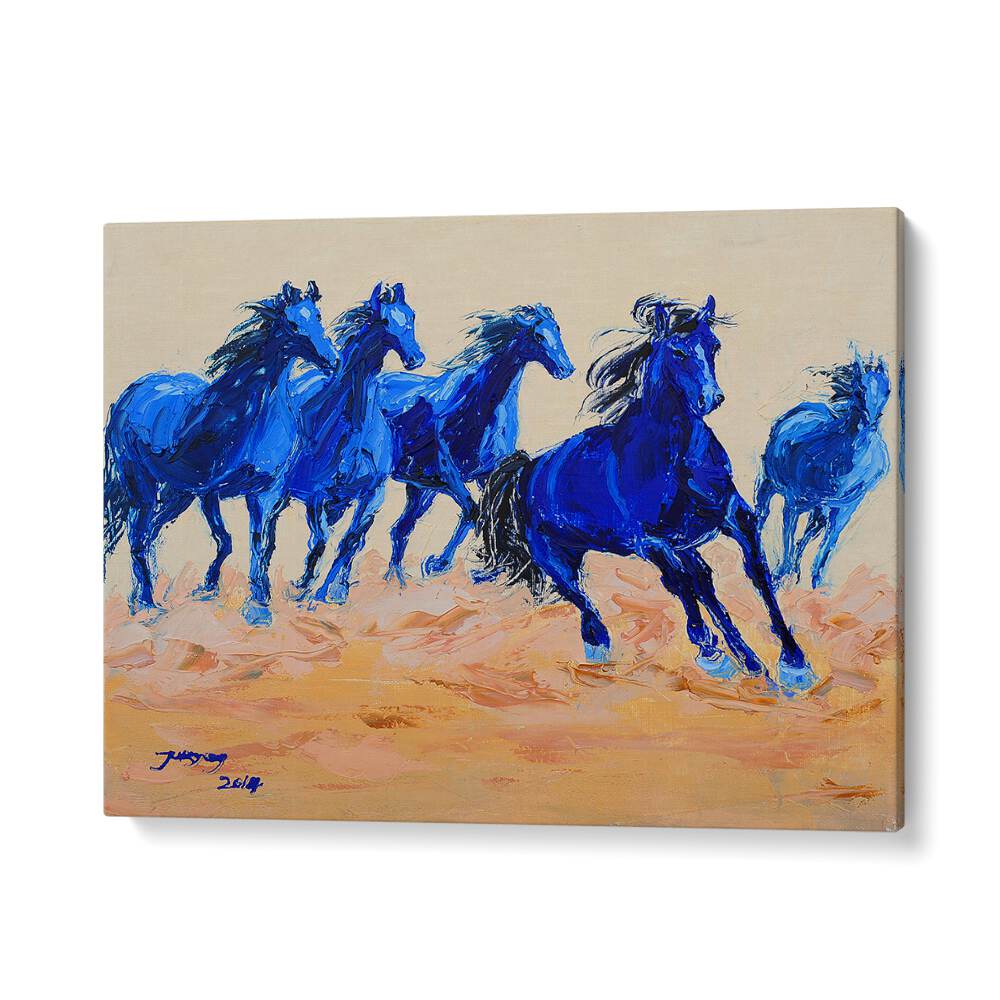 Vibrant blue horses gallop across the canvas in HORSE III, ANIMAL PAINTINGS, capturing wild beauty and motion.