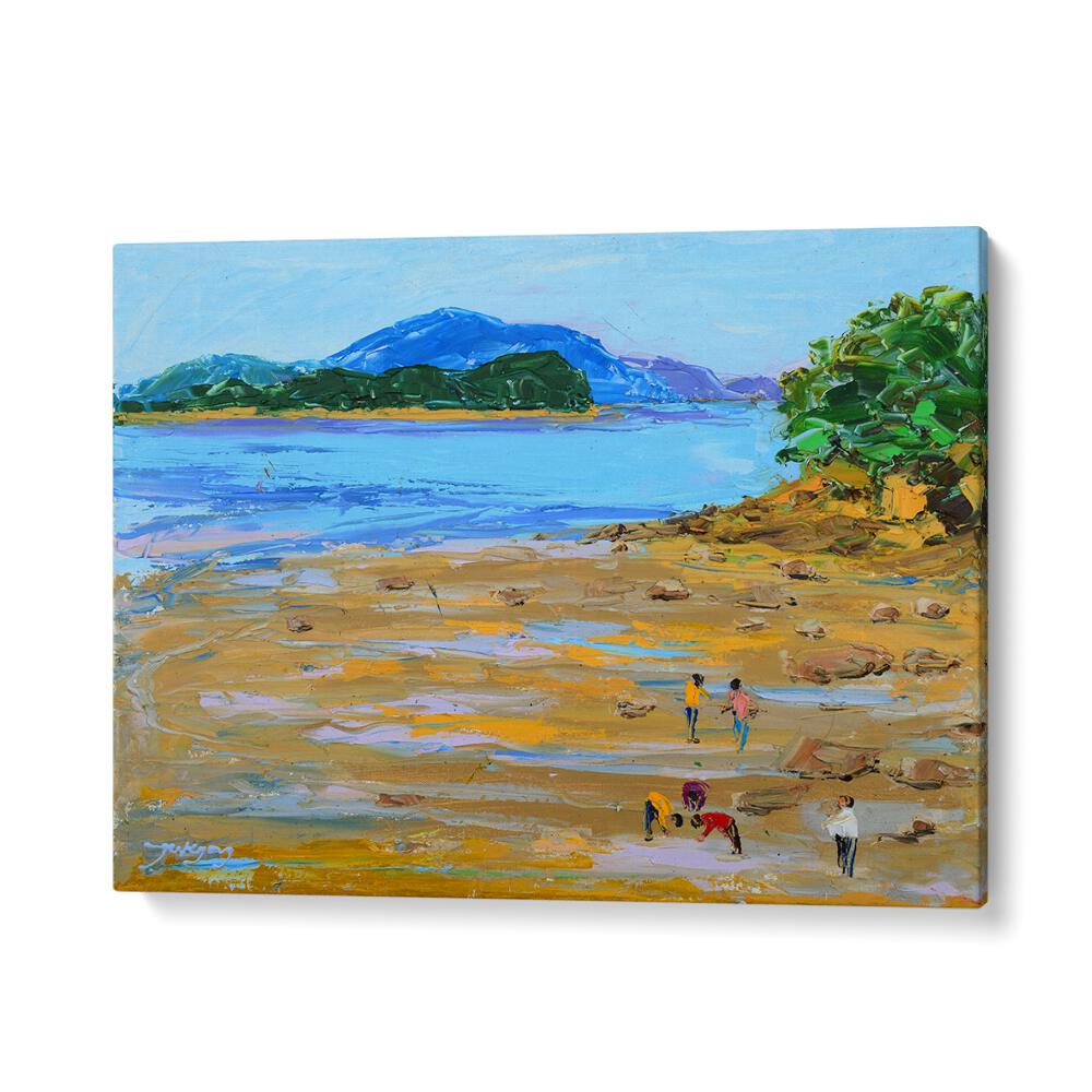 Colorful BEACH STORY II, BEACH PAINTINGS capturing a serene beach scene with figures by the water's edge.