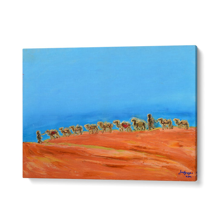 Colorful landscape painting featuring camels traversing a desert scene, ideal for art lovers seeking CAMELS, LANDSCAPE PAINTINGS.