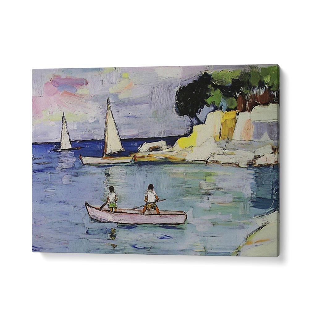 Artistic depiction of SAILBOATS gliding on serene waters, showcasing vibrant colors and tranquil scenery.