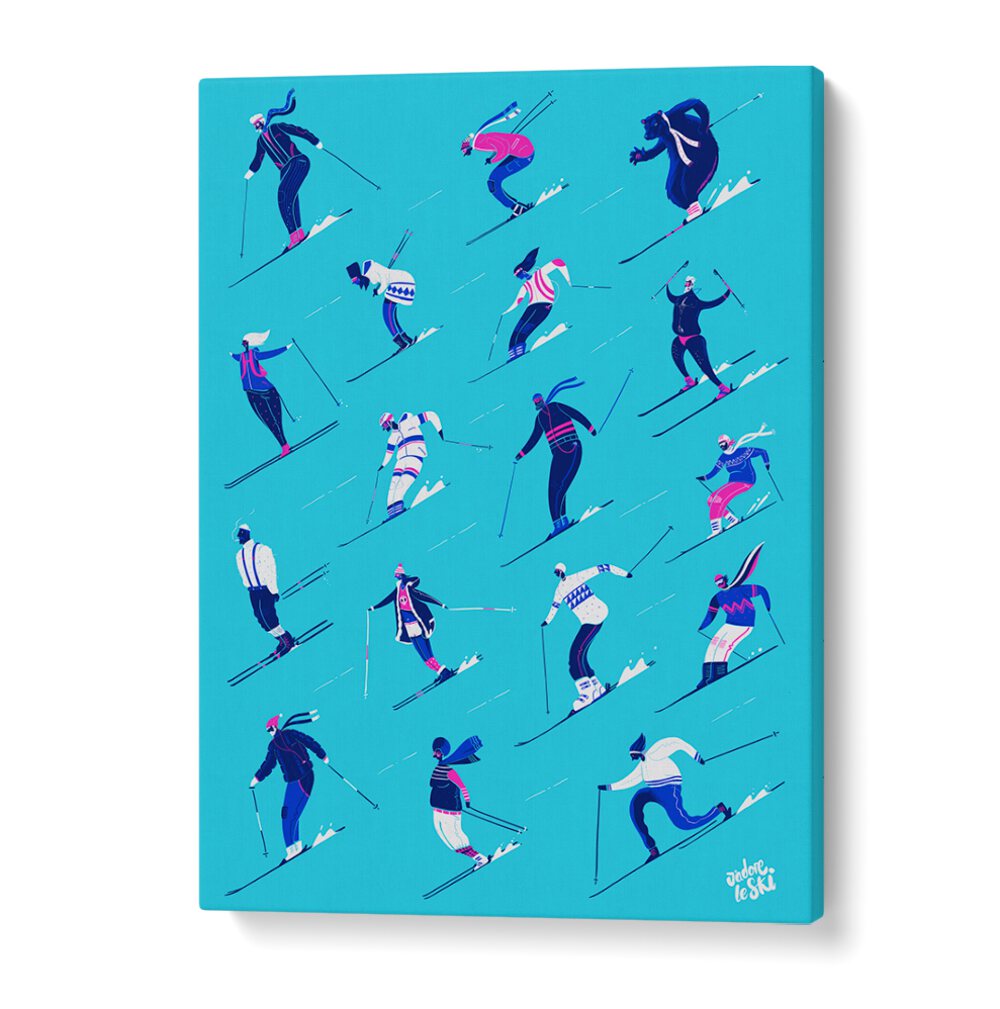 Colorful LE SKI BLUE, SPORTS POSTERS showcasing dynamic skiers, perfect for winter sports enthusiasts.