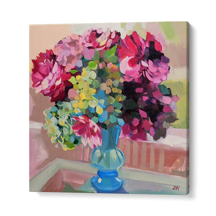 Vibrant SOUTH CAROLINA, FLORAL FLOWER PAINTINGS featuring a colorful bouquet in a blue vase, perfect for brightening any space.