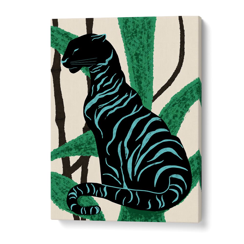 Vibrant BLACK CHARACTER, ANIMAL PAINTINGS featuring a striking black cat against lush greenery, perfect for any decor.