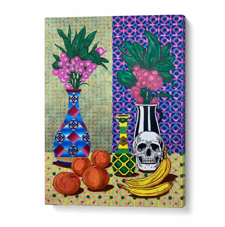Colorful STILL MEMENTO, KITCHEN POSTERS featuring vibrant vases, fruits, and a skull, perfect for modern home decor.