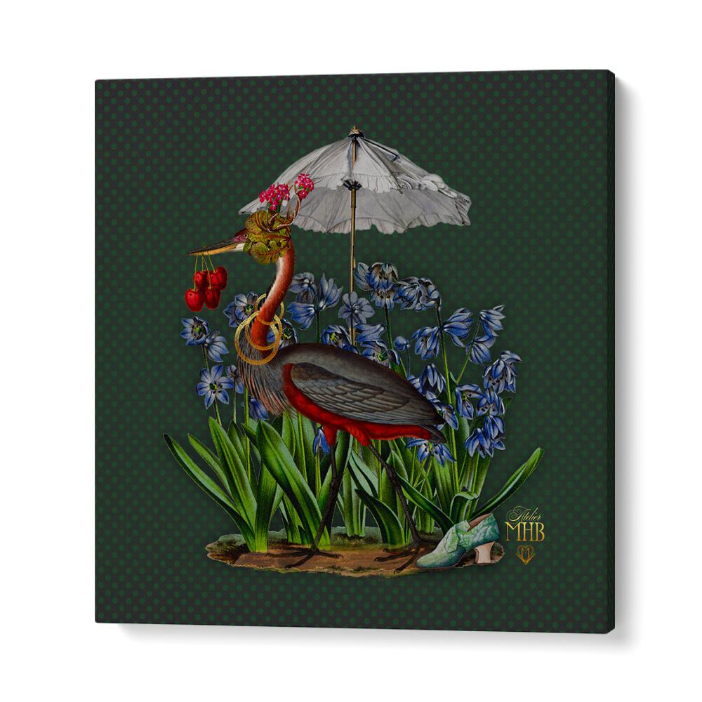 Enchanting heron under a parasol surrounded by flowers in the ENCHANTED FOREST V, ANIMAL PAINTINGS collection.
