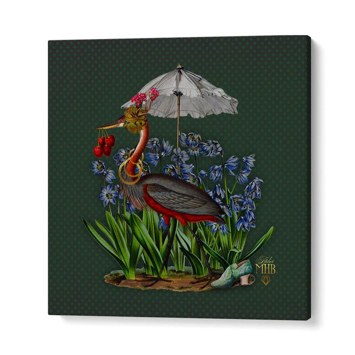 Enchanting heron under a parasol surrounded by flowers in the ENCHANTED FOREST V, ANIMAL PAINTINGS collection.