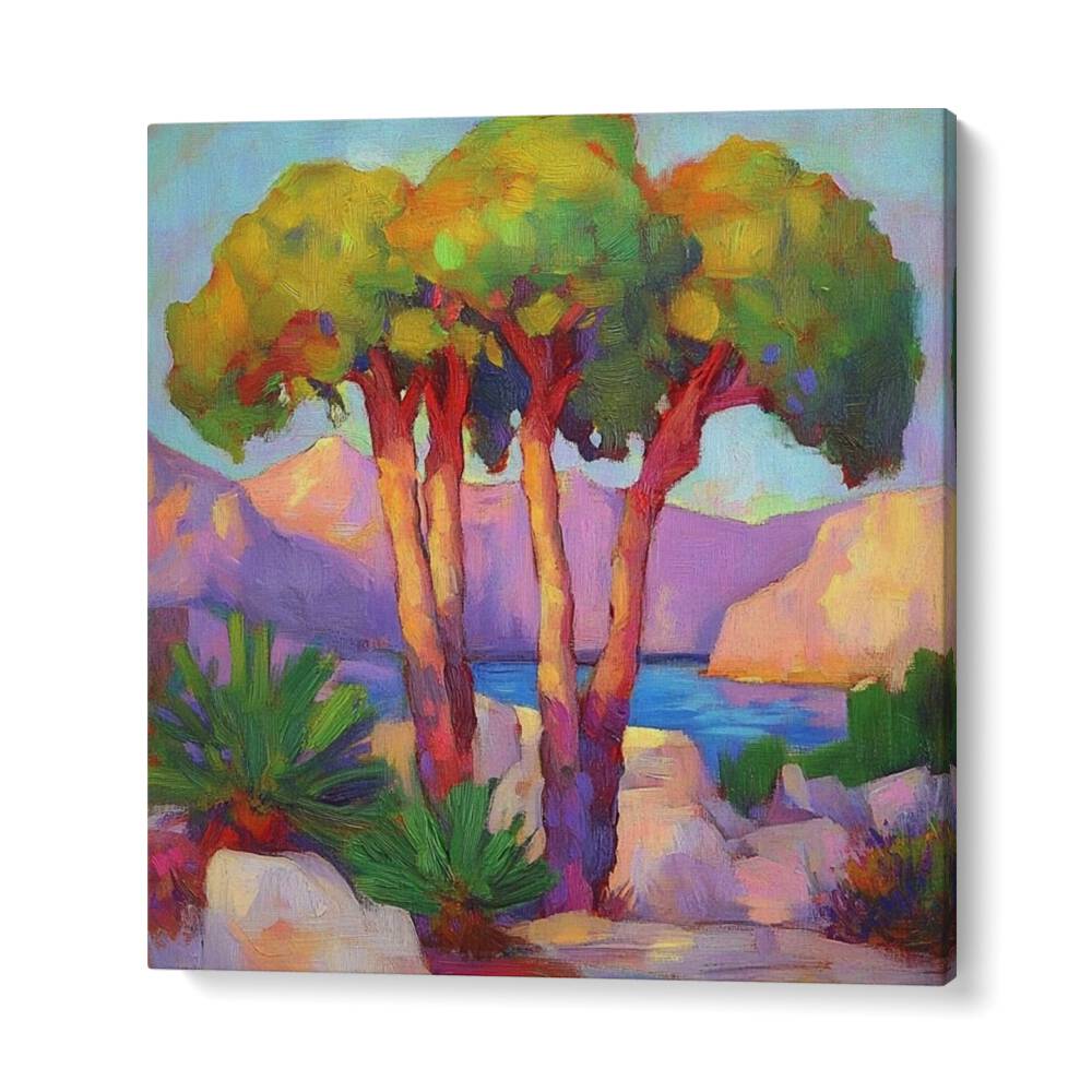 Vibrant THREE TREES BY THE SEA artwork, enhancing tranquility in your living space with coastal beauty.