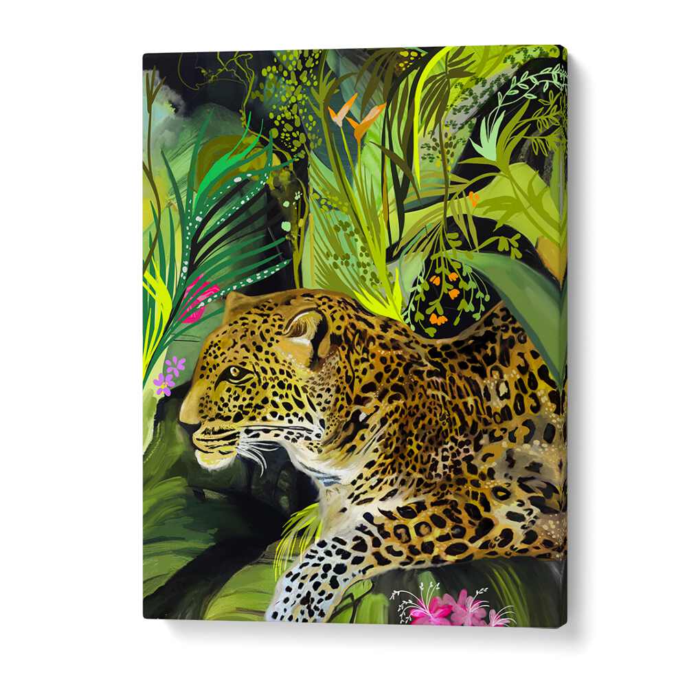 Fierce elegance of the LEOPARD KING, ANIMAL PAINTINGS, showcasing a stunning leopard amidst vibrant foliage.