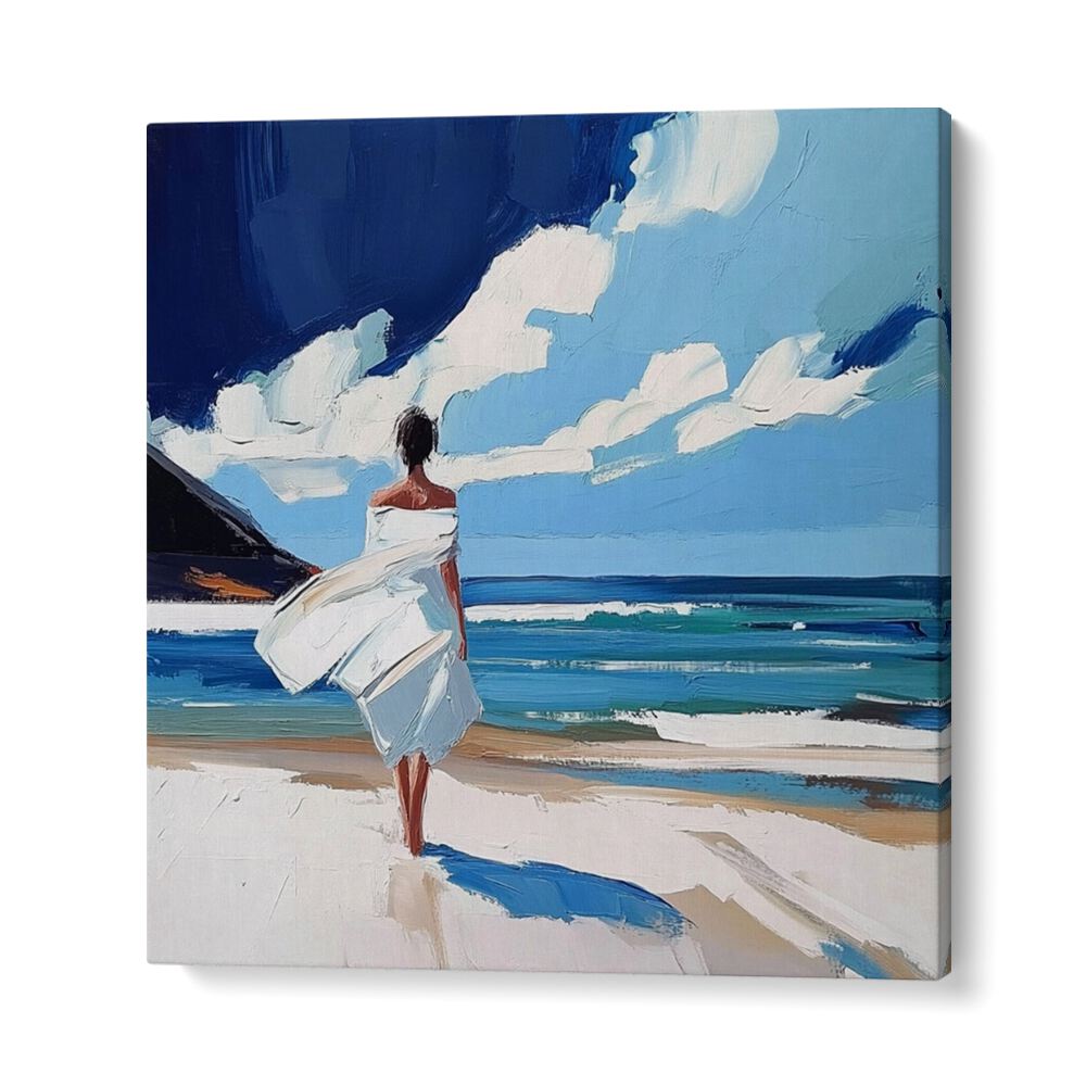 Serene artwork of a woman walking on the beach, capturing tranquility and coastal vibes beautifully.