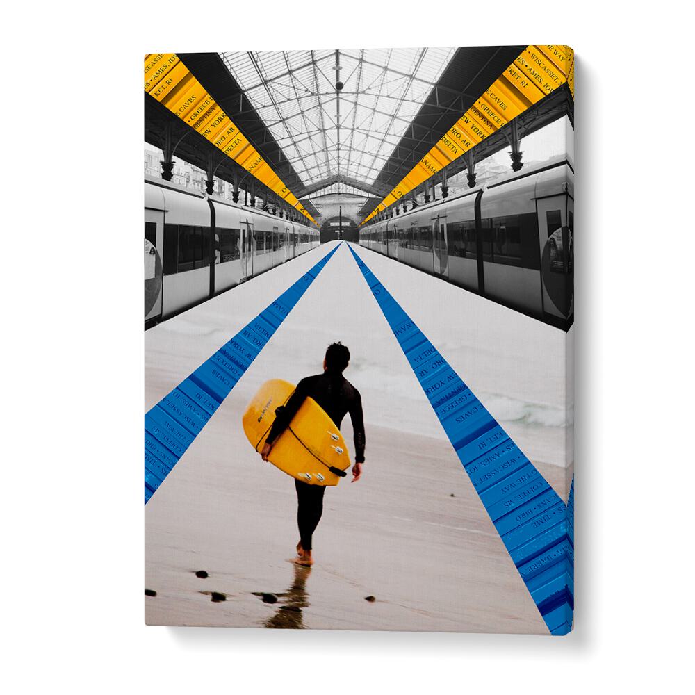 Explore METRO, SURREAL ART PRINTS featuring a vibrant surfer in a striking urban setting, perfect for modern decor.