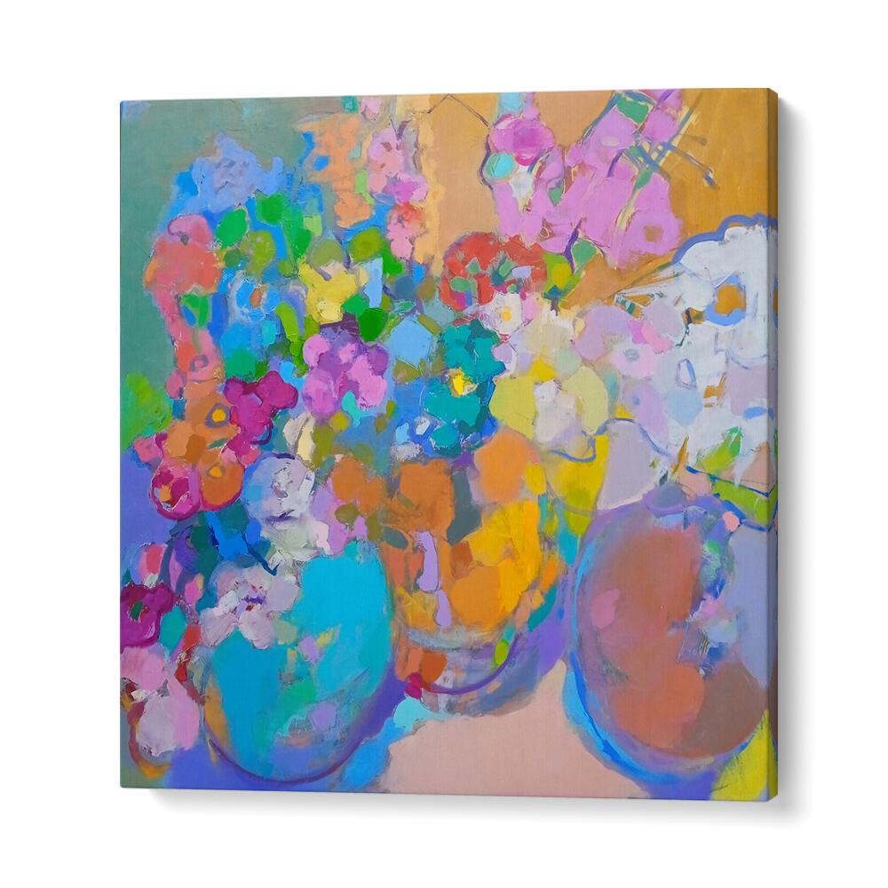 Vibrant SUNSHINE, ABSTRACT PAINTINGS showcase colorful floral arrangements, perfect for brightening your home decor.