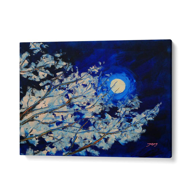 Stunning BLUEMOON, LANDSCAPE PAINTINGS featuring a serene night sky with moonlit branches in vibrant blues.