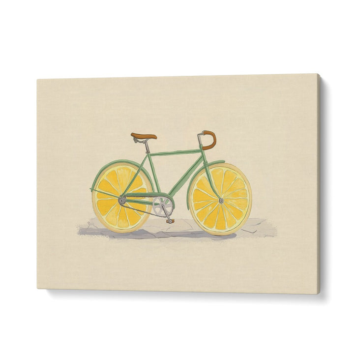 Vibrant BICYCLE WITH LEMON WHEELS, KITCHEN POSTERS, adding a colorful touch to your space with playful design.