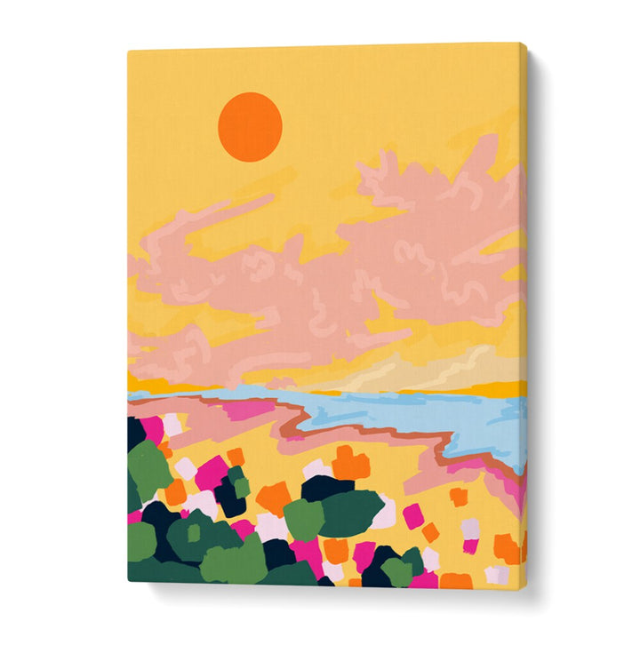 Vibrant SUN EMBRACE, LANDSCAPE PAINTINGS capture a serene sunset over colorful landscapes, perfect for home decor.