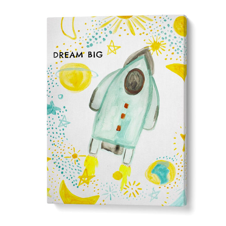 Colorful “DREAM BIG, KIDS ROOM PAINTINGS” featuring a rocket, planets, and stars, perfect for inspiring young imaginations.