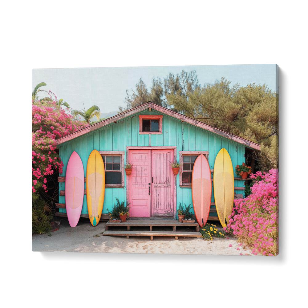 Vibrant PARADISE LOST, BEACH PAINTINGS featuring a colorful surf shack surrounded by blooming flowers. Perfect for serene decor.