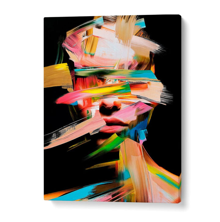 Colorful strokes obscure a face in the FACELESS V, ABSTRACT PAINTINGS by Philippe HUGONNARD, showcasing unique artistry.