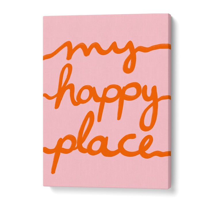 Bright and cheerful MY HAPPY PLACE, KIDS ROOM PAINTINGS in vibrant orange on a soft pink background, perfect for kids' decor.