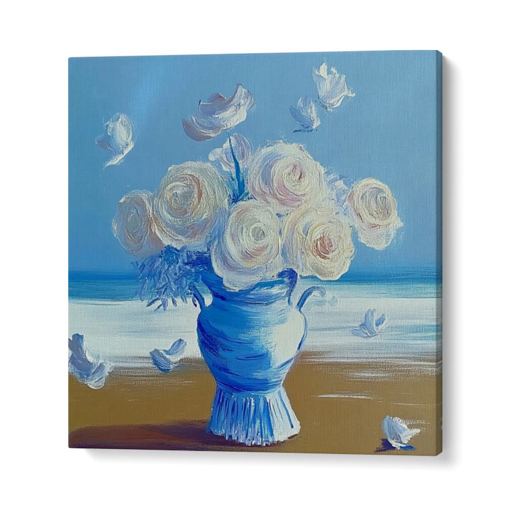 Elegant BLUE ROSES ON THE BEACH art piece showcasing beautiful flowers against a serene beach backdrop. Perfect for any decor.