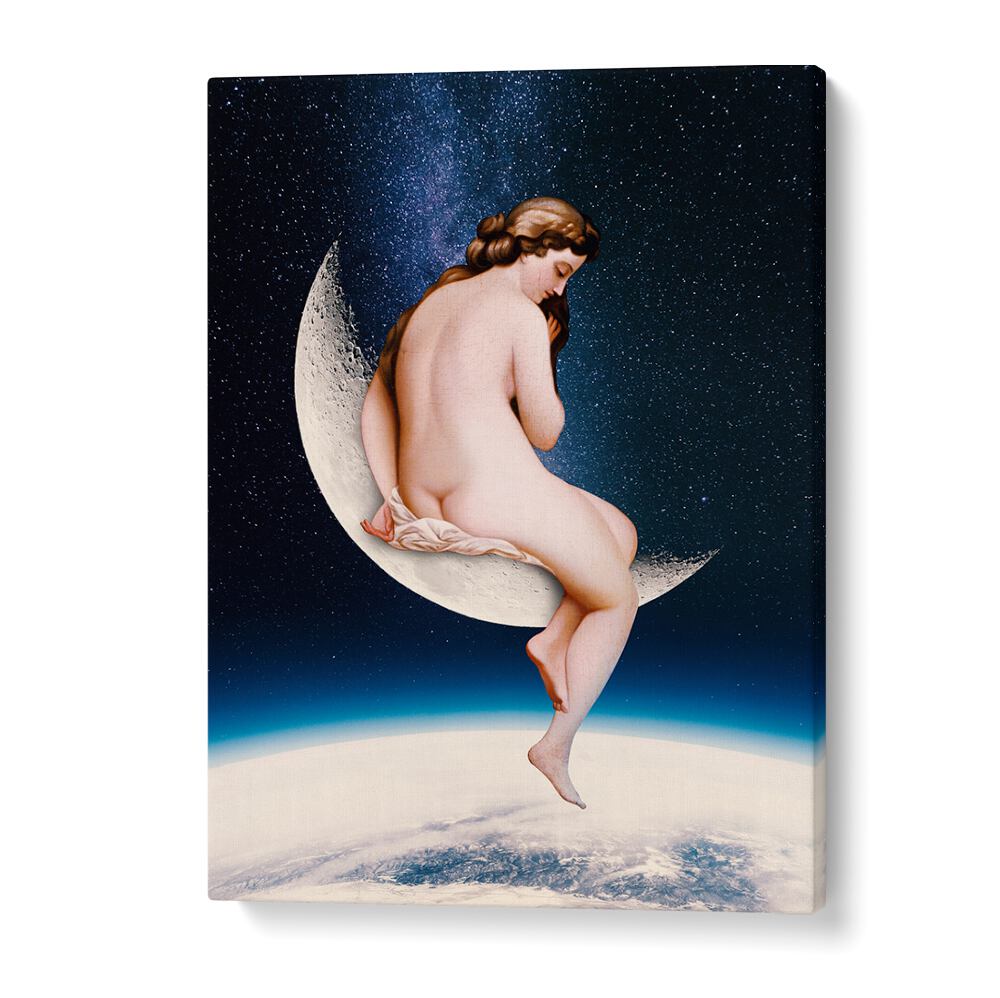 Whimsical MOONWATCHER, ALTERED ART PRINTS showcasing a serene figure on a crescent moon against a starry backdrop.