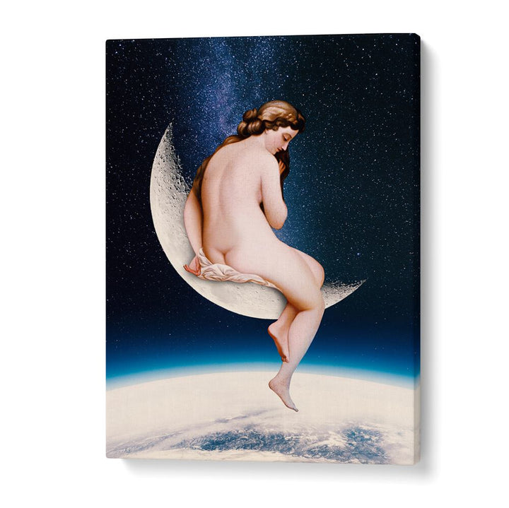 Whimsical MOONWATCHER, ALTERED ART PRINTS showcasing a serene figure on a crescent moon against a starry backdrop.