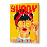 Vintage illustration of "A SUNNY PLACE , BAR" featuring a stylish woman with orange sunglasses and bold colors.