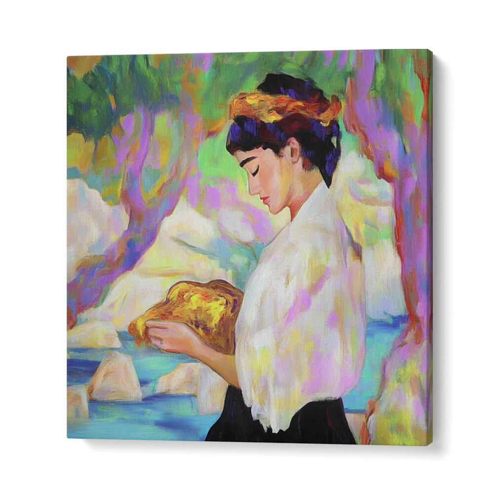 Stunning art piece, WOMAN WITH A ROCK, showcases strength and beauty in vibrant colors and graceful design.