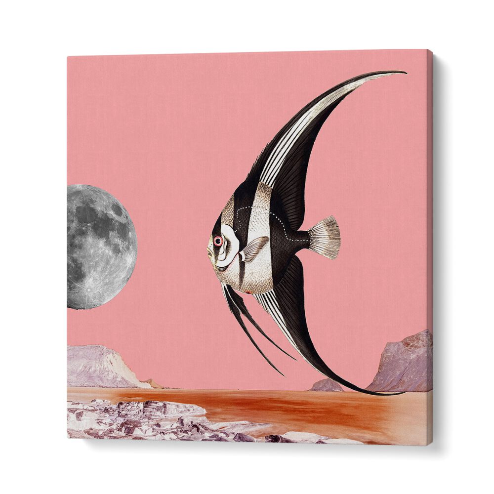 Vibrant PLENTY OF FISH, BEACH PAINTINGS artwork featuring a striking fish against a pink backdrop, perfect for decor.