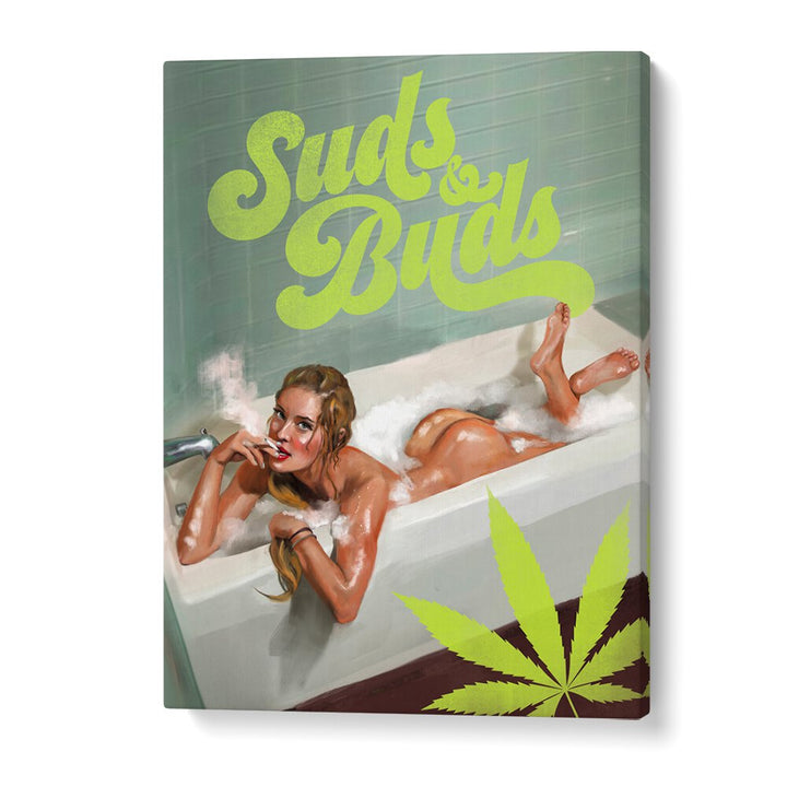 SUDS BUDS SEXY GIRL SMOKING CANNABIS JOINT IN BATH BY THE WHISKEY GINGER , WOMEN ILLUSTRATION PAINTINGS