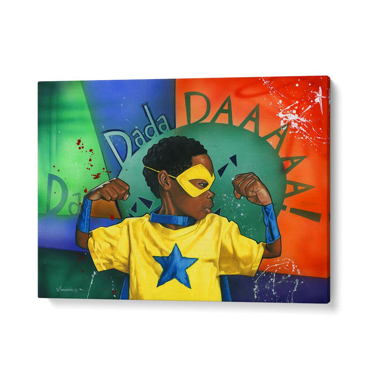 Vibrant DADADDAAA, AFRICAN ART PAINTINGS featuring a young superhero in a colorful design, perfect for modern decor.