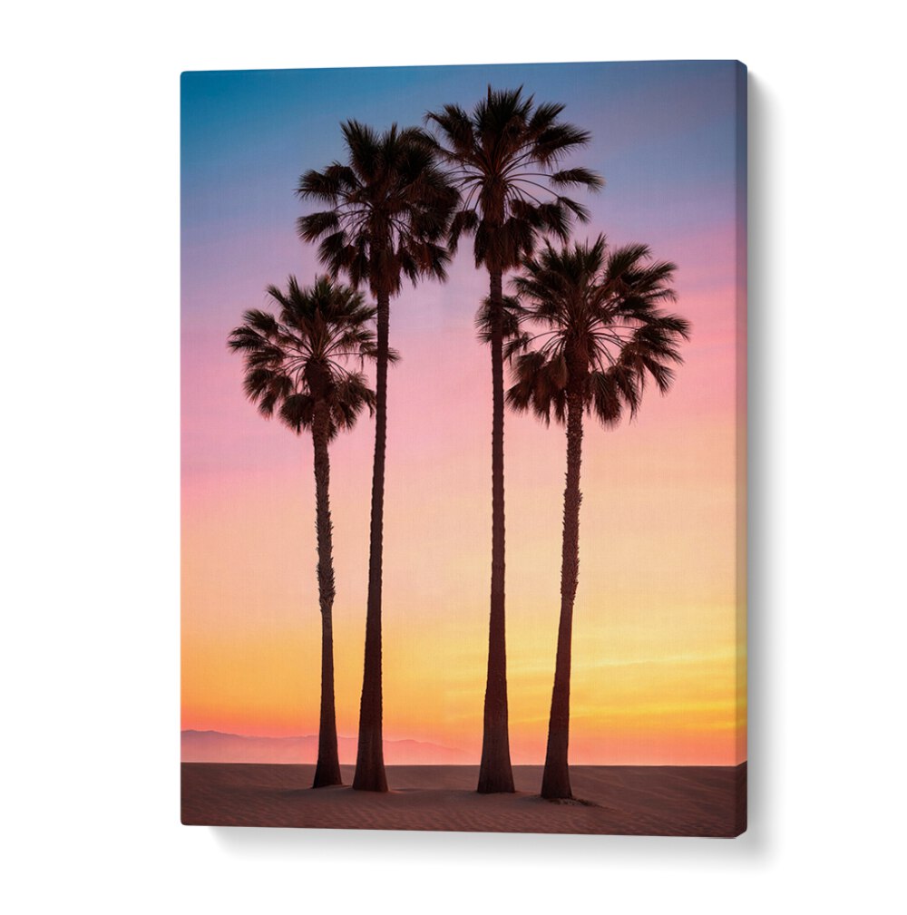 Stunning BEACH SUNSET PALMS, BEACH PAINTINGS featuring vibrant sunset colors and lush palm trees for serene decor.