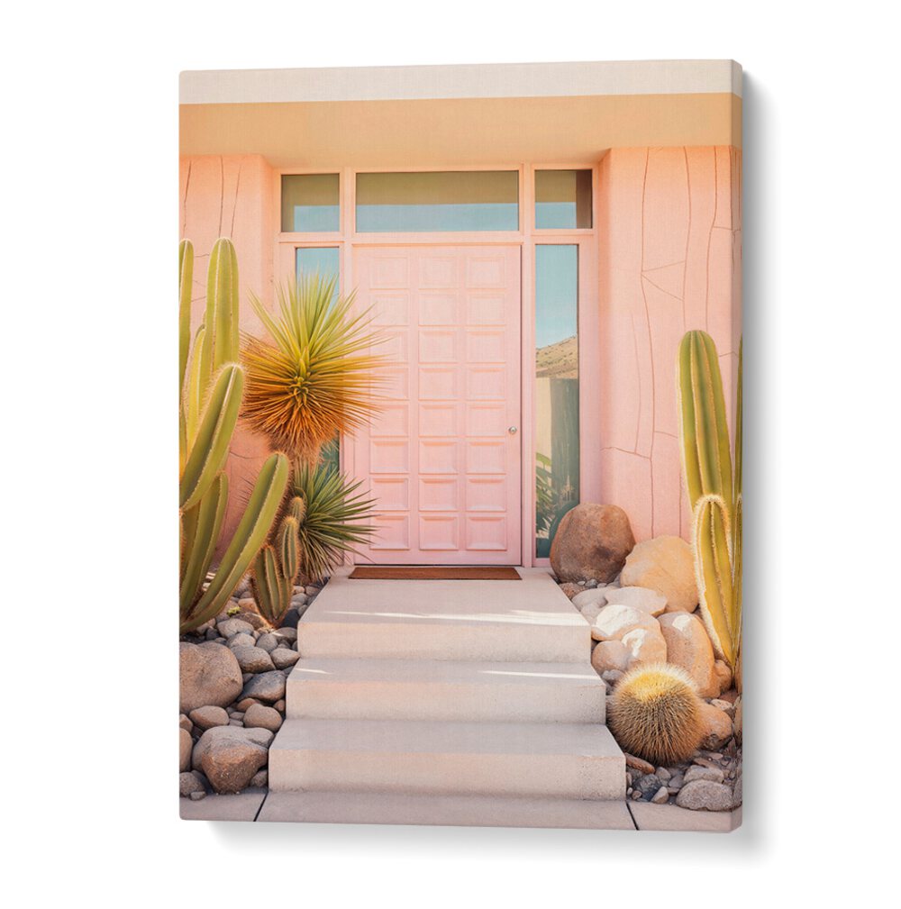 PINK MID-CENTURY, BEACH PAINTINGS showcase vibrant design with a chic pink door and desert plants, adding elegance to any space.