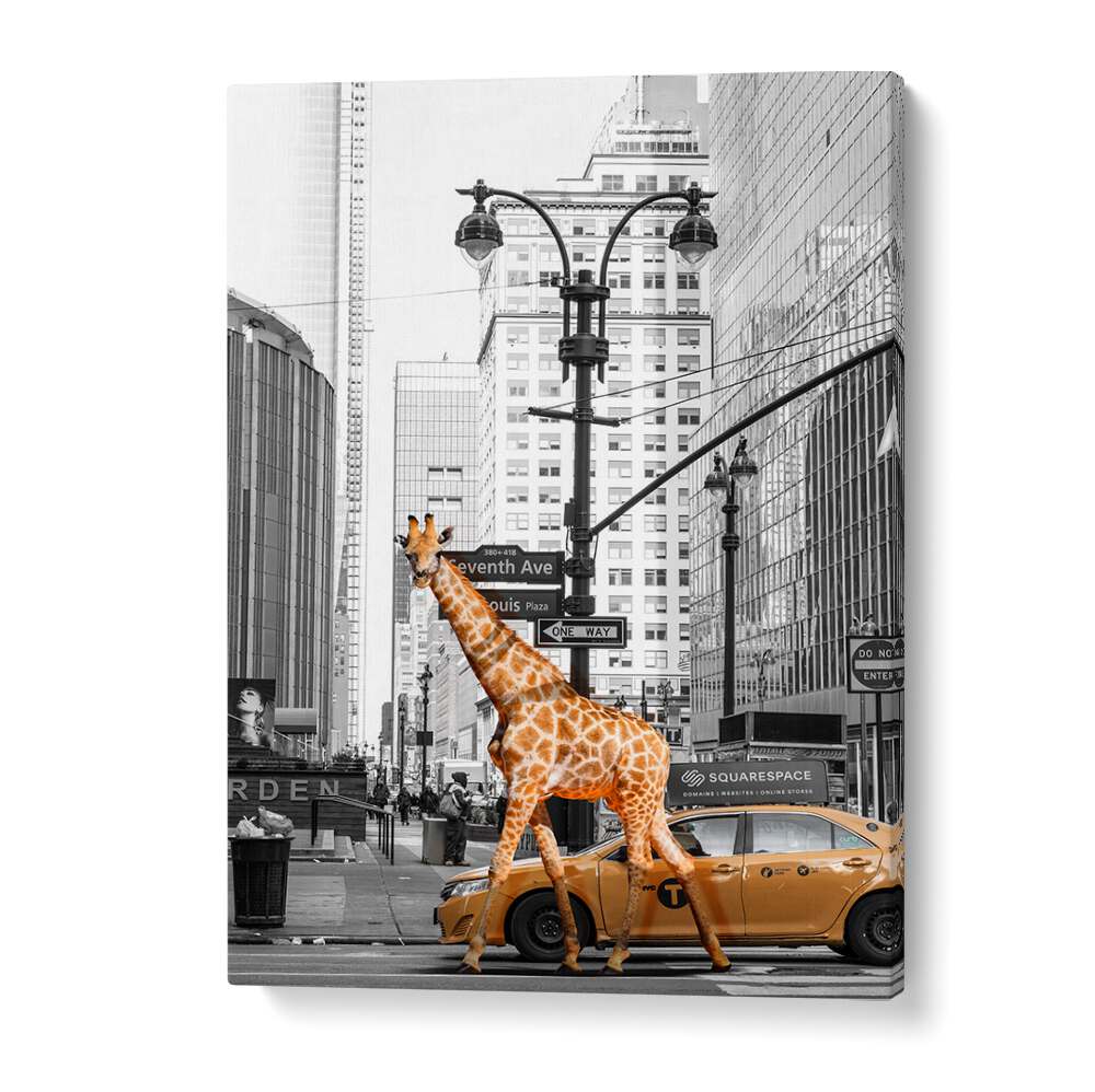 Giraffe crossing a city street in MORNING WALK, ANIMAL PAINTINGS, capturing urban charm and wild beauty.