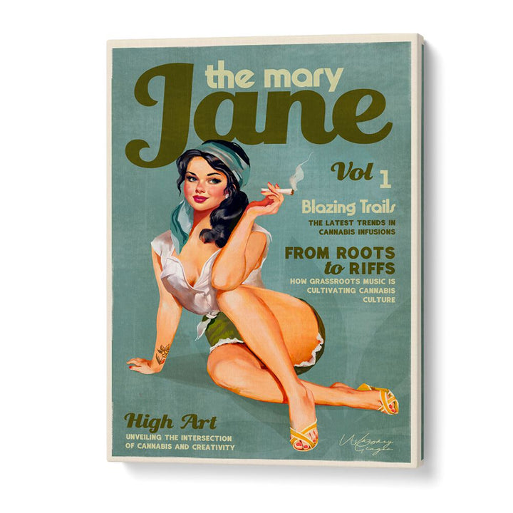 MARY JANE RETRO VINTAGE PINUP CANNABIS ART BY THE WHISKEY GINGER , WOMEN ILLUSTRATION PAINTINGS